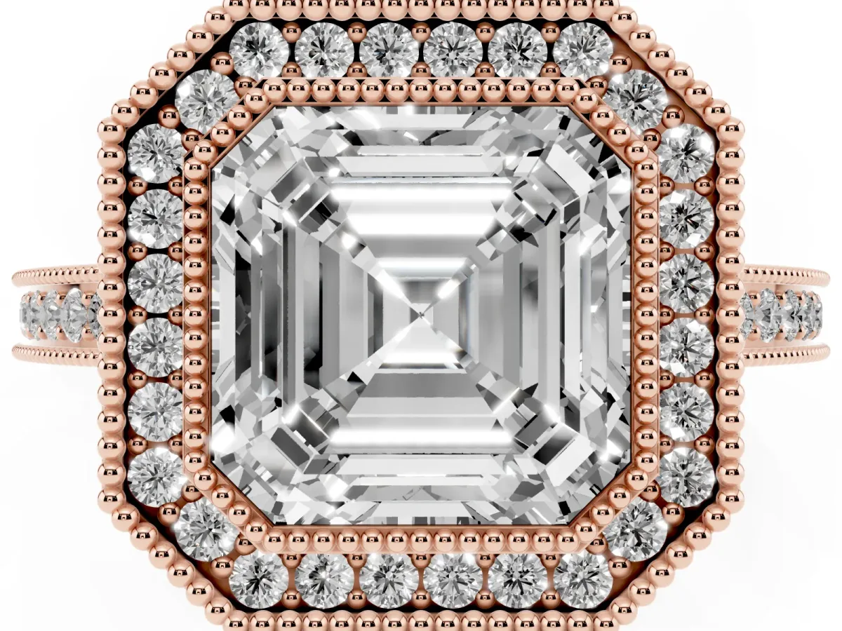 Asscher Cut Cut Halo Diamond Ring with Pavé Band and Milgrain Prong Setting Rose gold