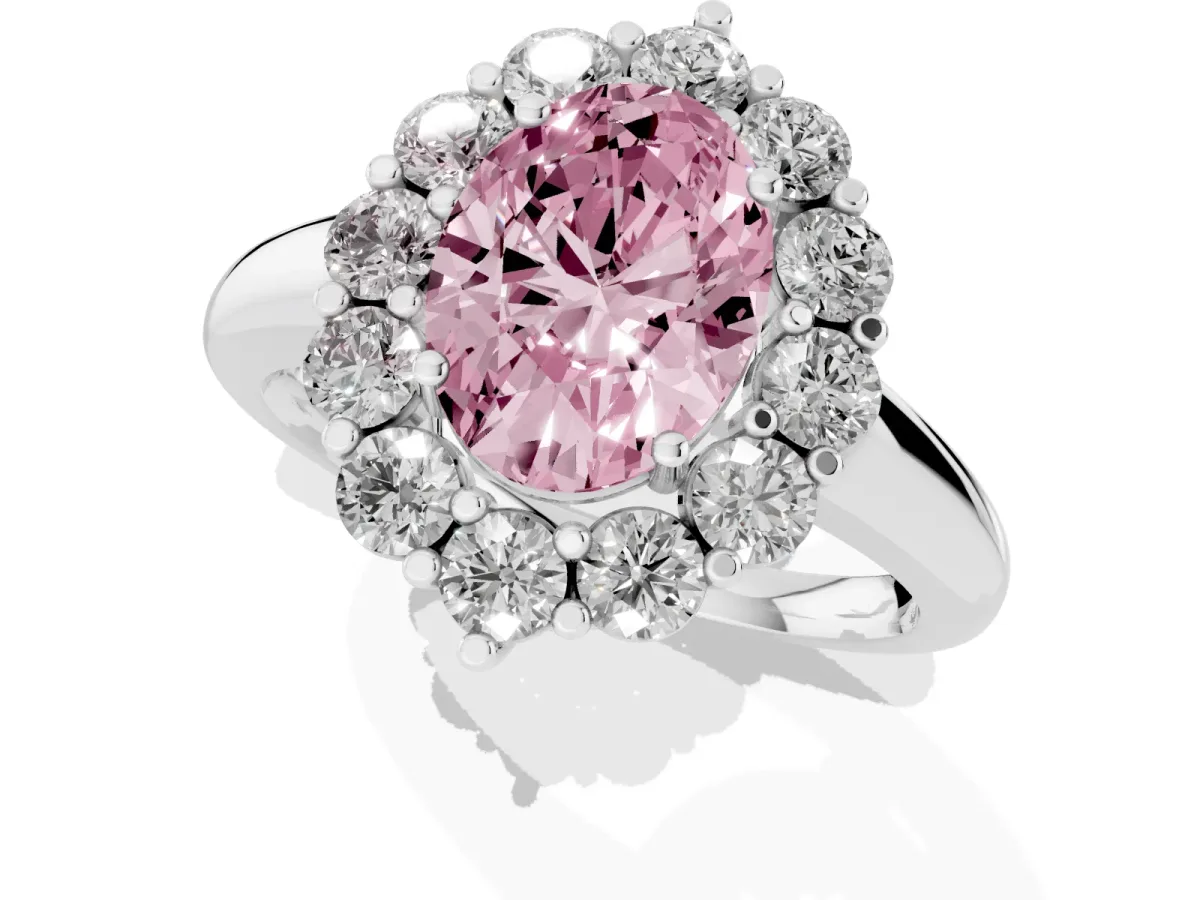 Fancy Pink Oval Cut Halo Cluster Diamond Engagement Ring with Prong Setting and Polished Band Platinum