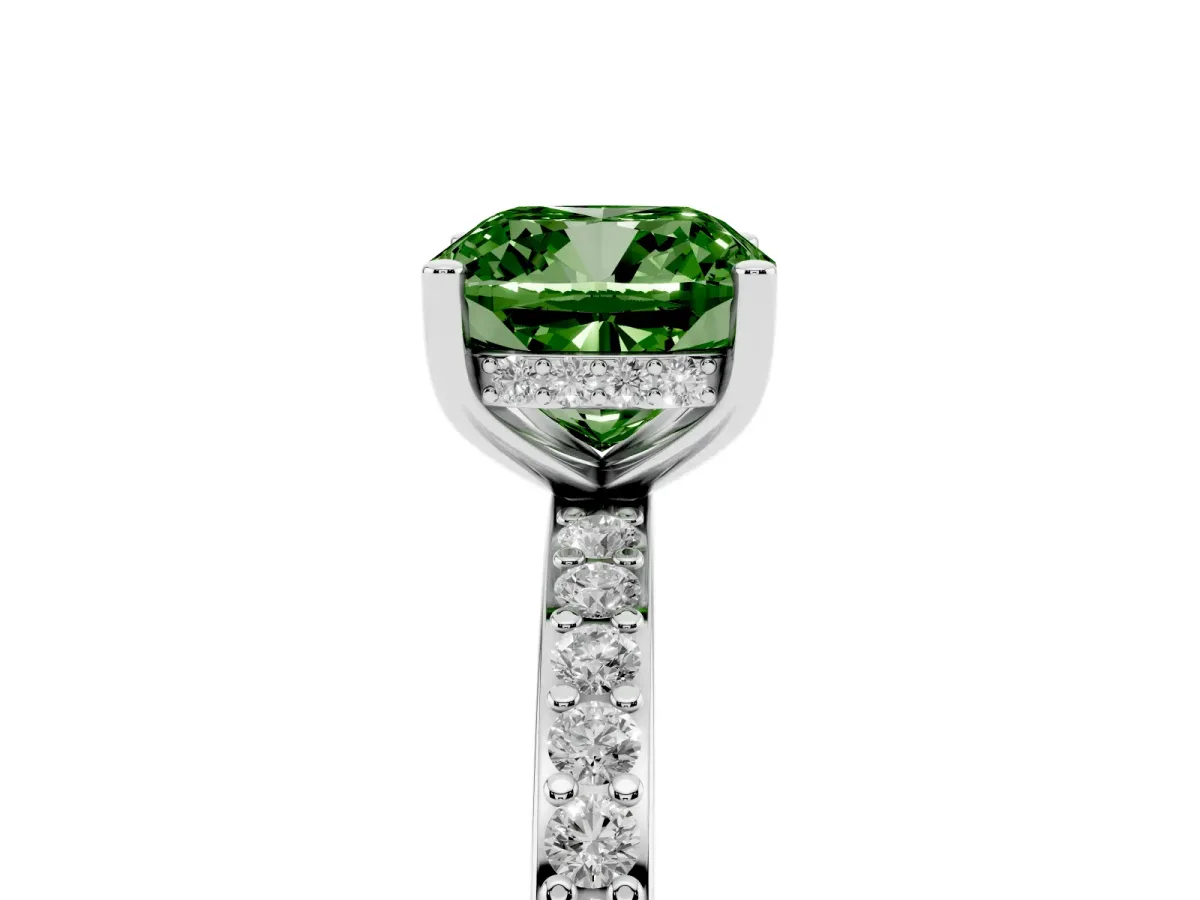 Fancy Green Cushion Cut Cut Diamond Pavé Band Ring with Four-Prong Setting Silver