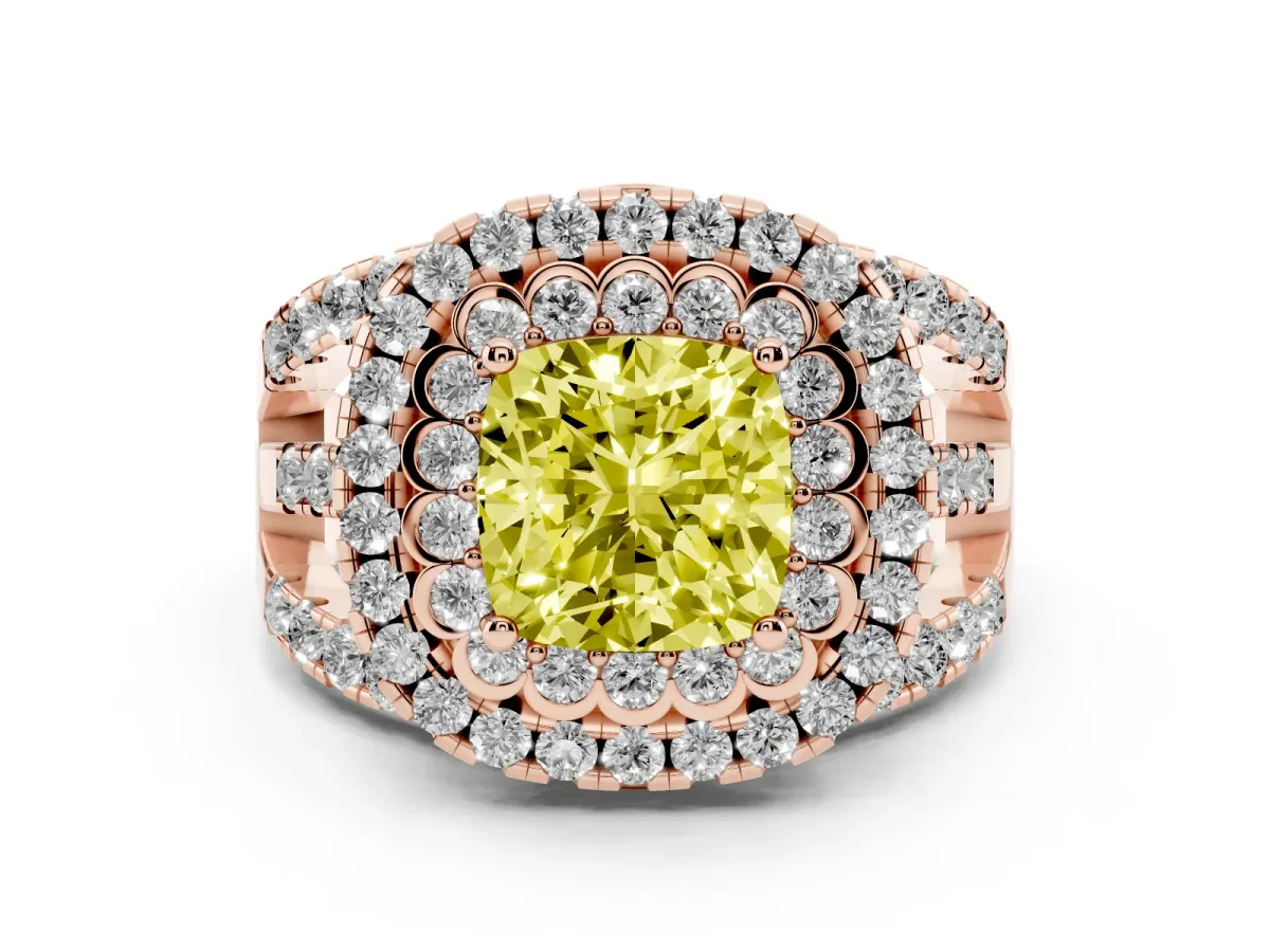 Fancy Yellow Cushion Cut Diamond Double Halo Ring with Round Pavé Split Shank and Prong Setting Rose gold