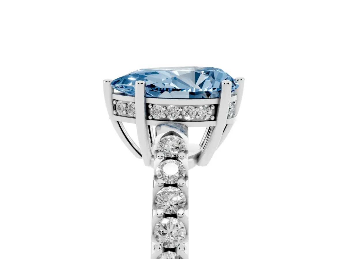 Fancy Blue Pear Cut Solitaire Diamond Engagement Ring with Pavé Band and Six-Prong Setting Silver