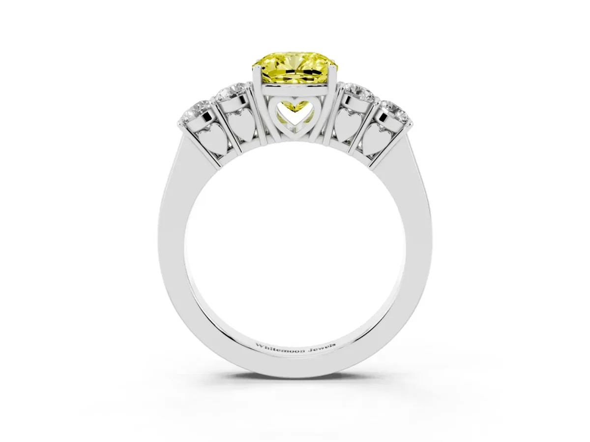 Fancy Yellow Cushion Cut Cut Diamond Five-Stone Prong Set White Gold Ring Silver