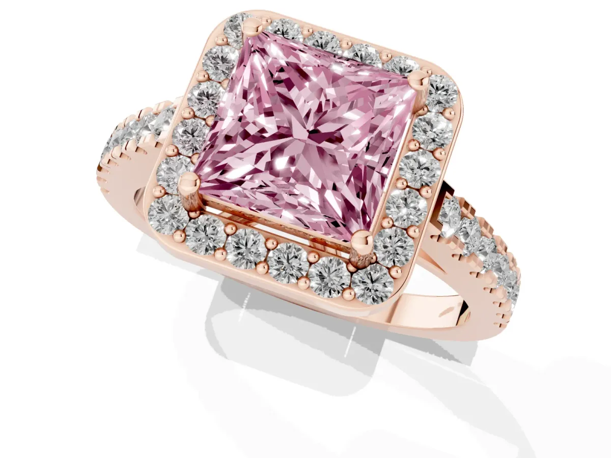 Fancy Pink Princess Cut Diamond Halo Ring with Round Pavé Split Shank and Prong Setting Rose gold