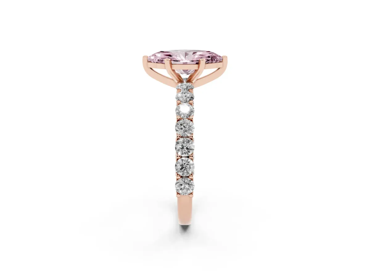 Fancy Pink Marquise Cut Diamond Solitaire Ring with Shared Prong Pavé Band and Four-Prong Setting Rose gold