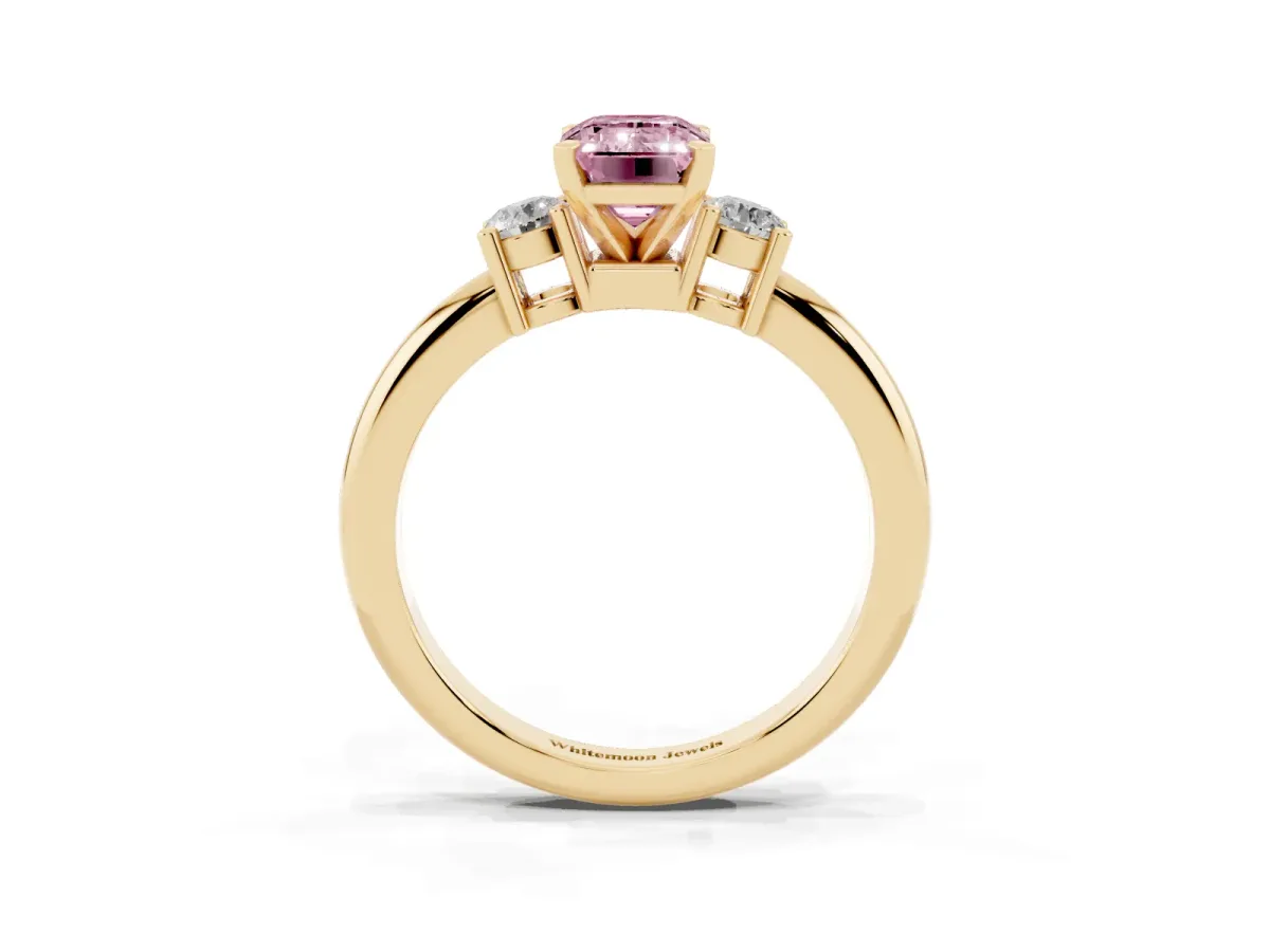 Fancy Pink Three-Stone Emerald Cut Cut Diamond Solitaire with Prong Setting and Classic Band Yellow gold