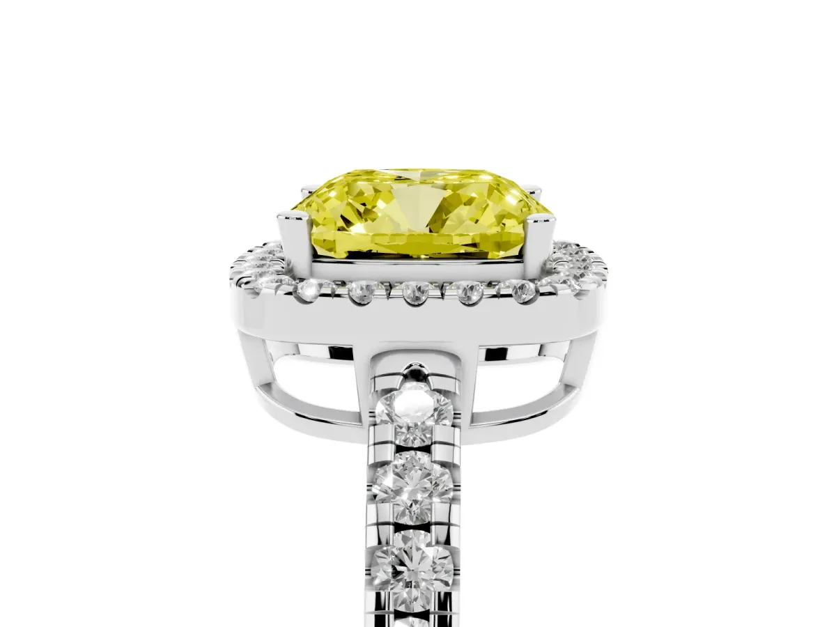 Fancy Yellow Cushion Cut Diamond Halo Ring with Pavé Band and Four-Prong Setting Silver