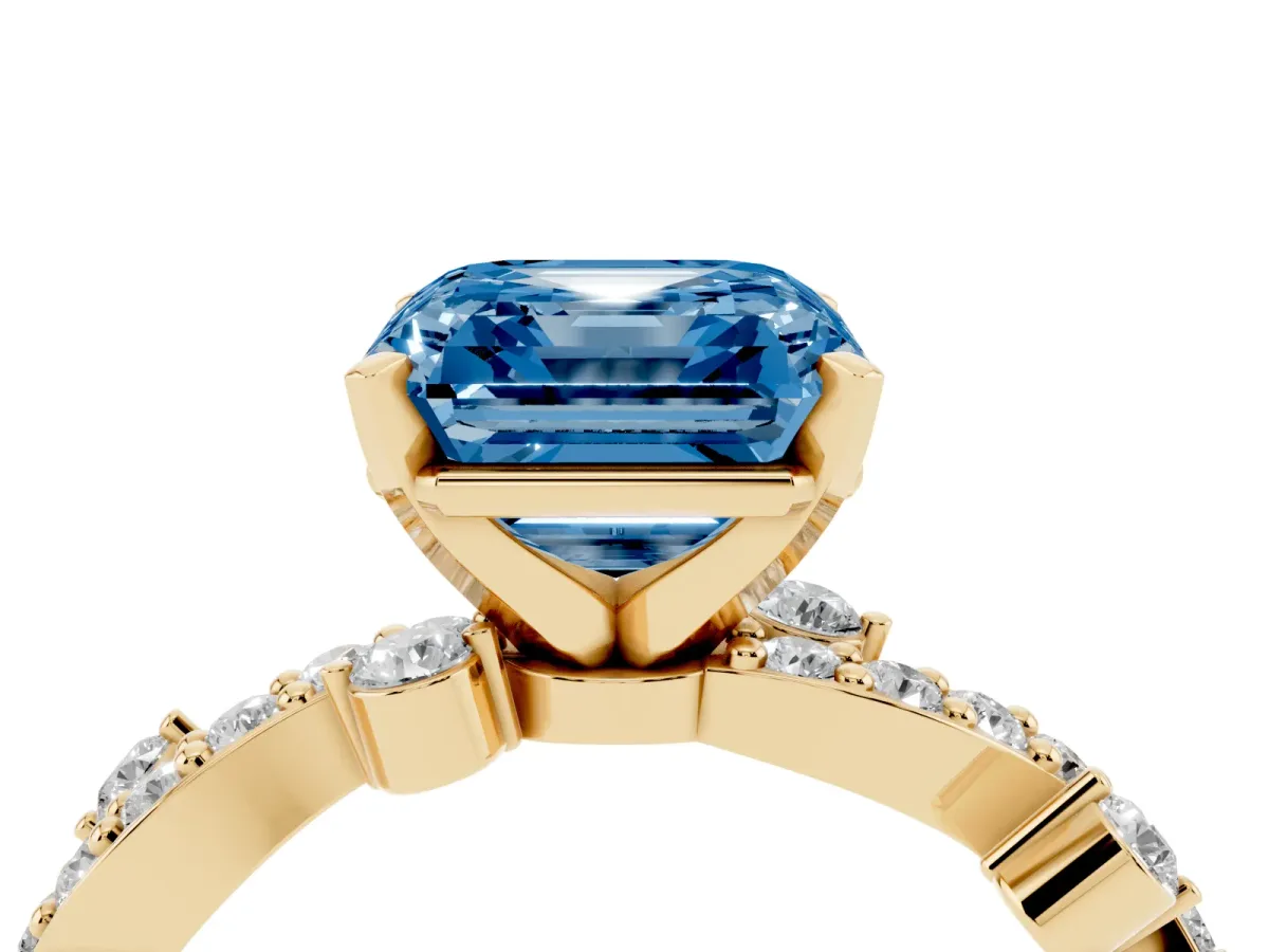 Fancy Blue Asscher Cut Cut Solitaire Diamond Twisted Band with Pave Setting Yellow gold