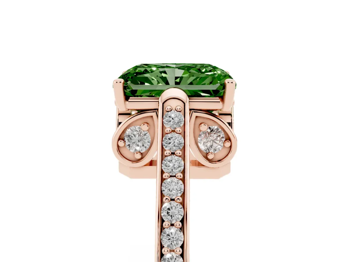 Fancy Green Radiant Cut Cut Cathedral Pave Diamond Engagement Ring with Six-Prong Setting Rose gold