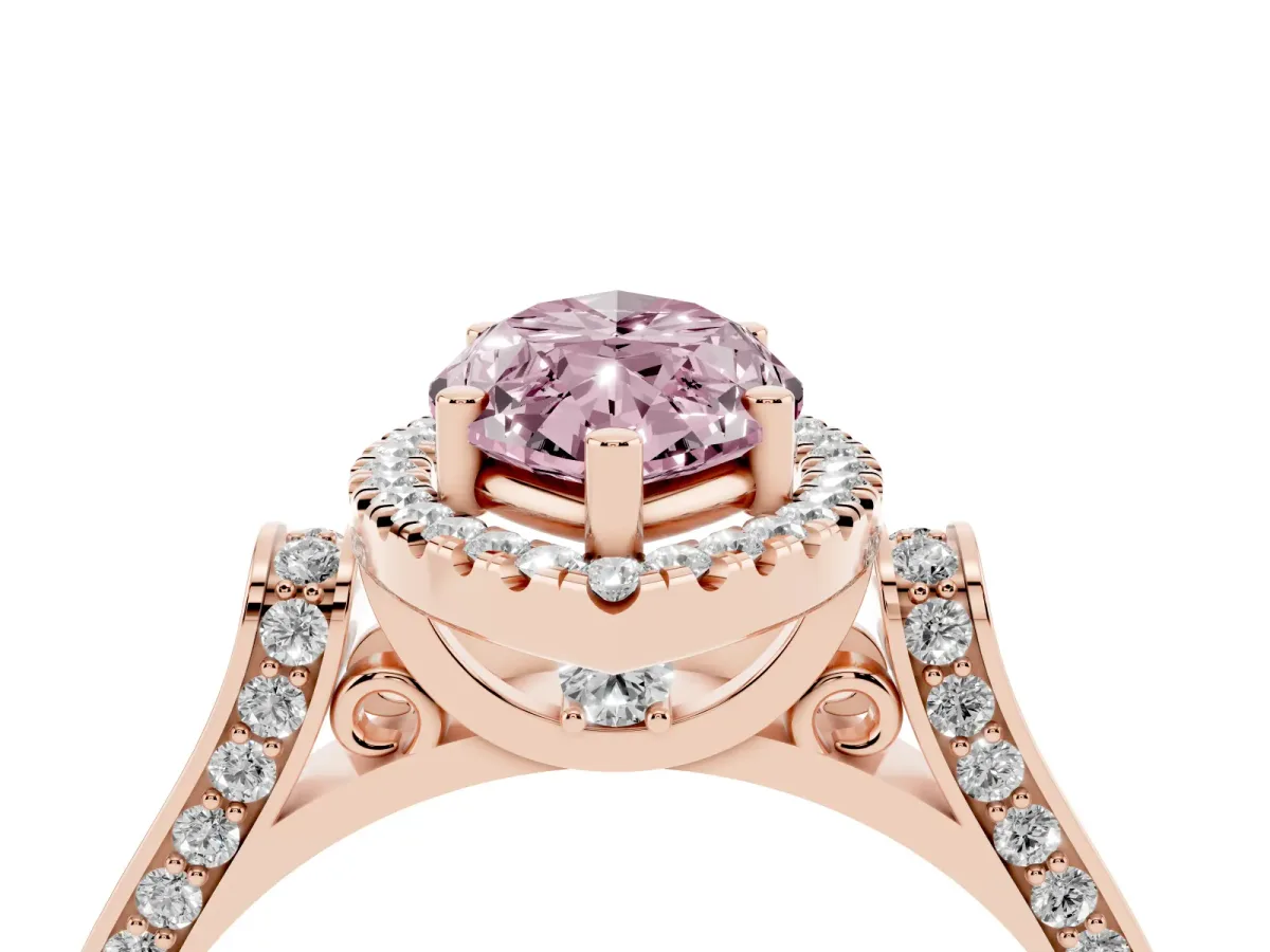 Fancy Pink Marquise Cut Halo Round Diamond Twist Band with Four-Prong Setting Rose gold
