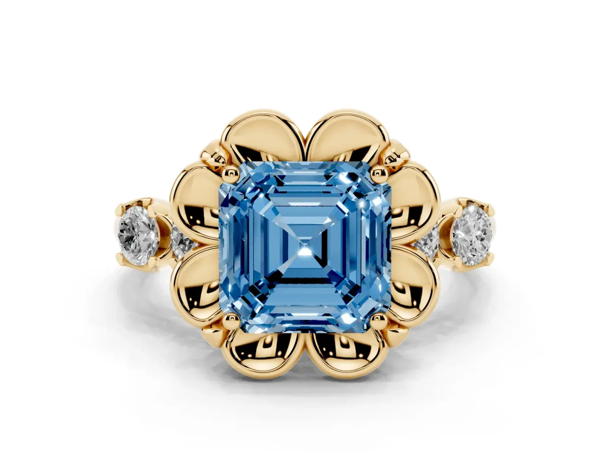 Fancy Blue Asscher Cut Cut Diamond Floral Halo Engagement Ring with Shared Prong Setting Yellow gold