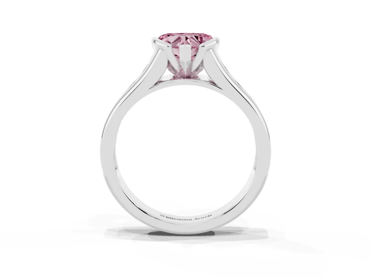 Fancy Pink Heart Cut Solitaire Bezel-Set Diamond Ring with Channel-Set Band Silver