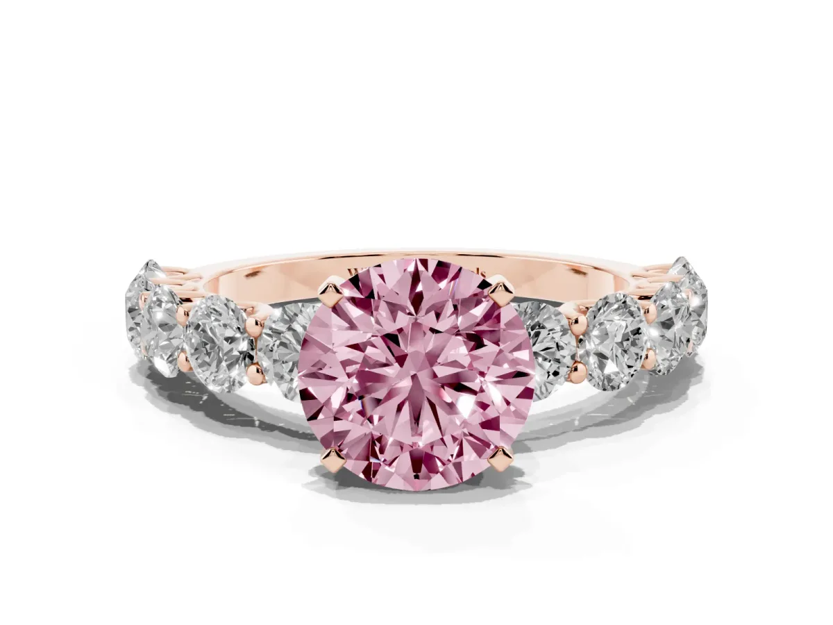 Fancy Pink Round Cut Diamond Prong Setting with Side Stones on a Pave Band Rose gold