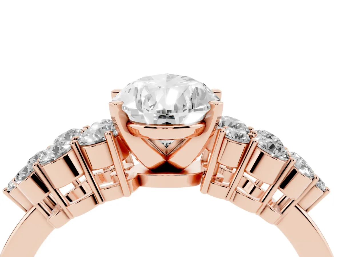 Pear Cut Cluster Diamond Engagement Ring with Pavé Band and Four-Prong Setting Rose gold