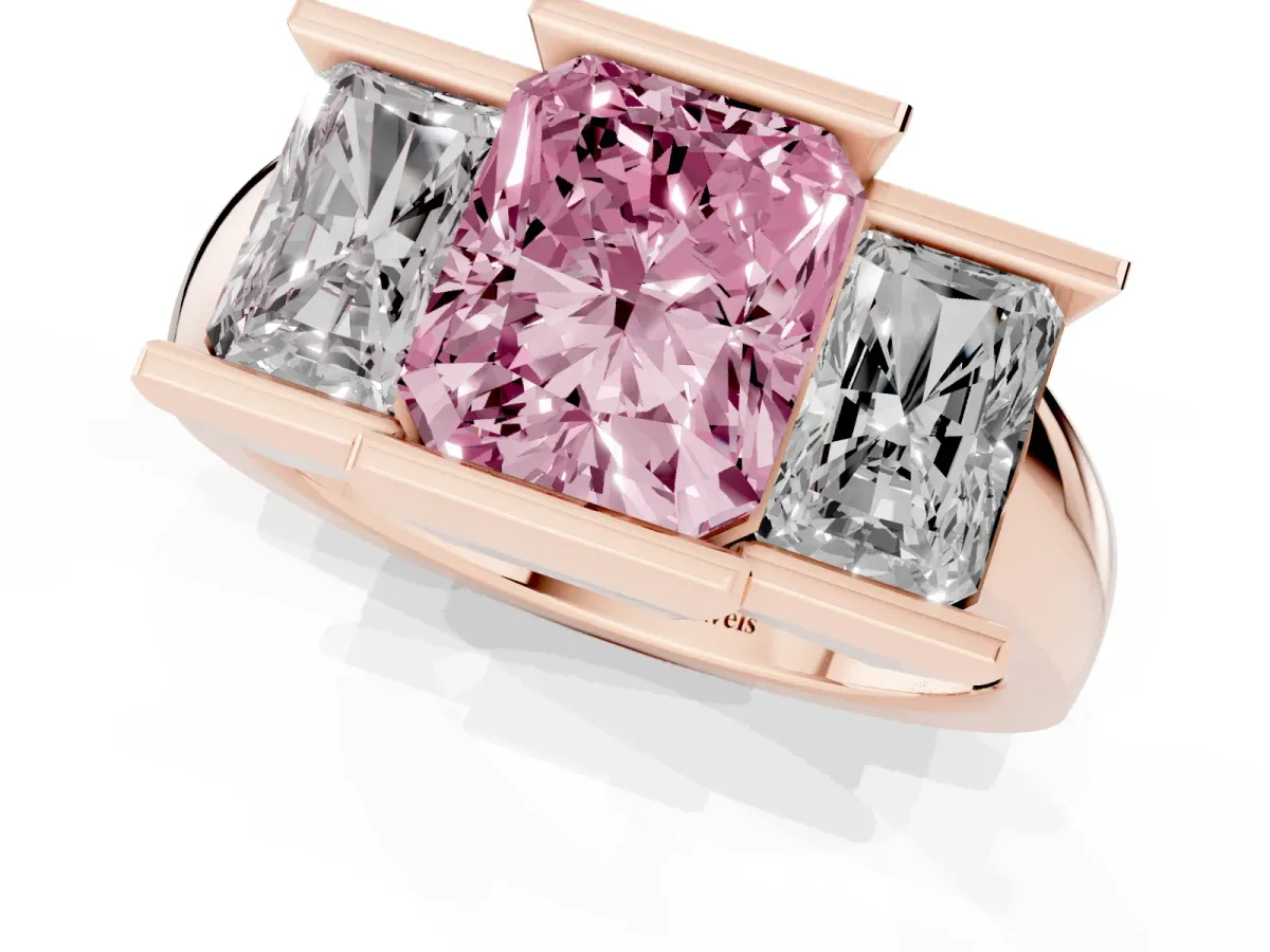 Fancy Pink Three Stone Radiant Cut Cut Channel Set Diamond Ring Rose gold