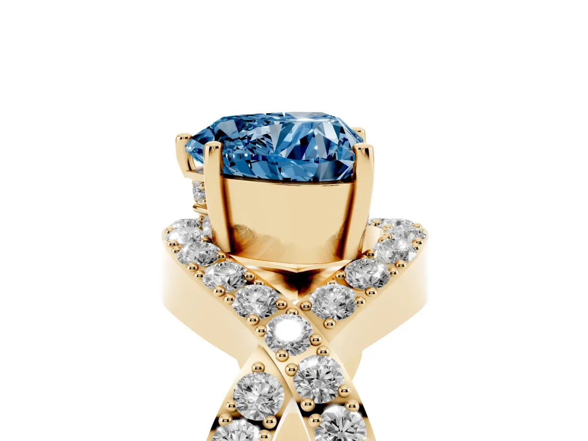 Fancy Blue Heart Cut Solitaire Twist Band Pavé Diamond Engagement Ring Yellow gold