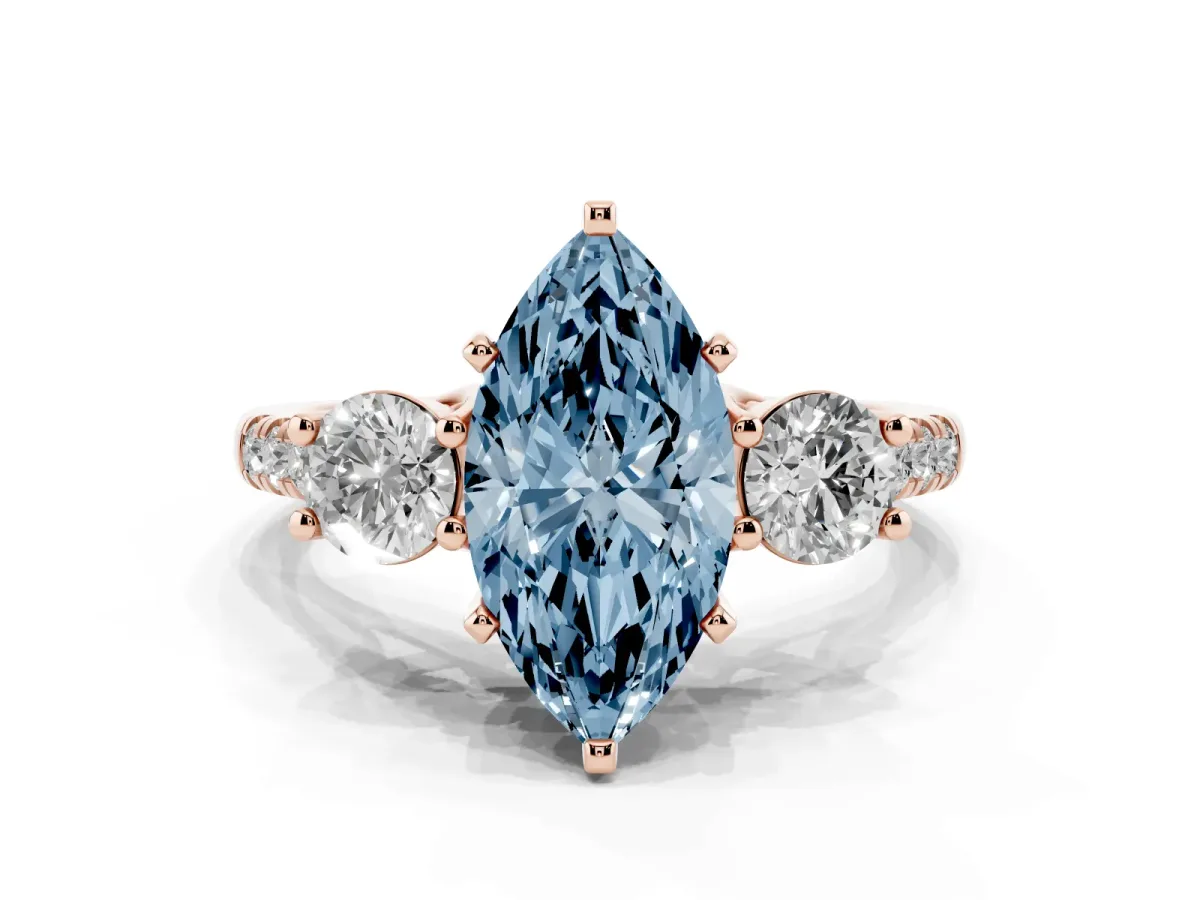 Fancy Blue Three-Stone Marquise Cut Diamond Pavé Band with Four-Prong Setting Rose gold