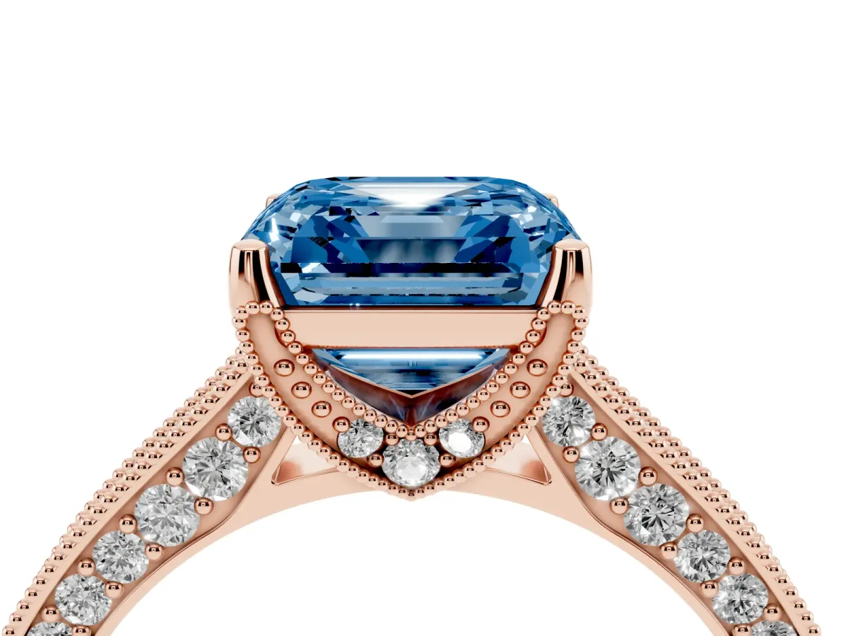 Fancy Blue Asscher Cut Cut Diamond Solitaire Ring with Milgrain Pave Band and Four Prong Setting Rose gold