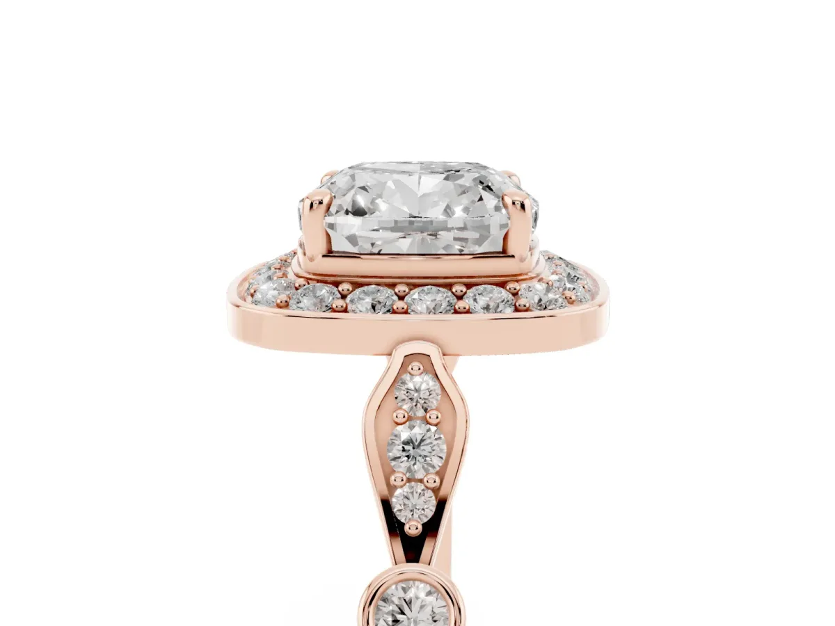 Cushion Cut Halo Diamond Engagement Ring with Twisted Band and Four-Prong Setting Rose gold