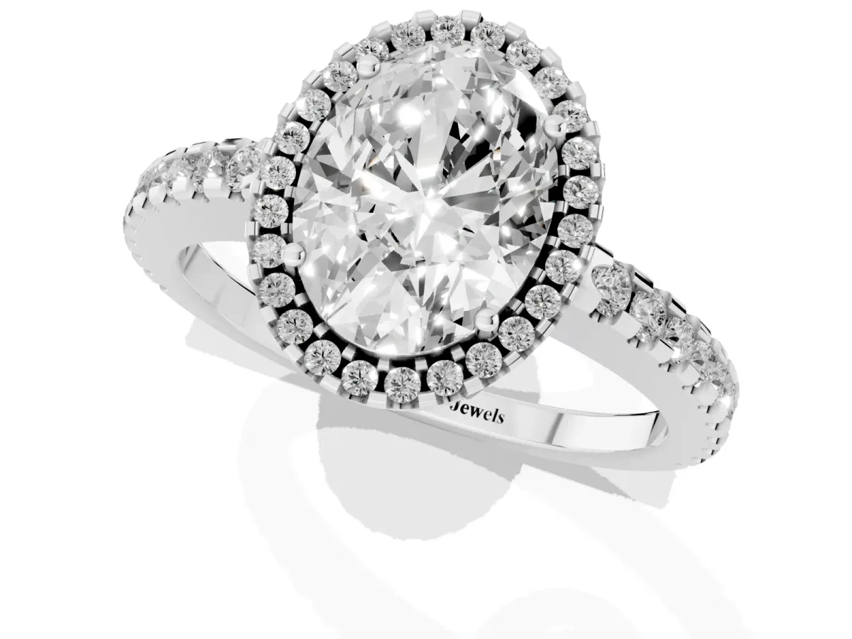 Oval Cut Diamond Halo Engagement Ring with Pavé Band and Prong Setting Platinum