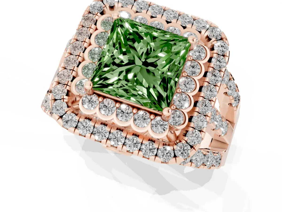 Fancy Green Princess Cut Diamond Double Halo Ring with Round Pavé Split Shank and Prong Setting Rose gold