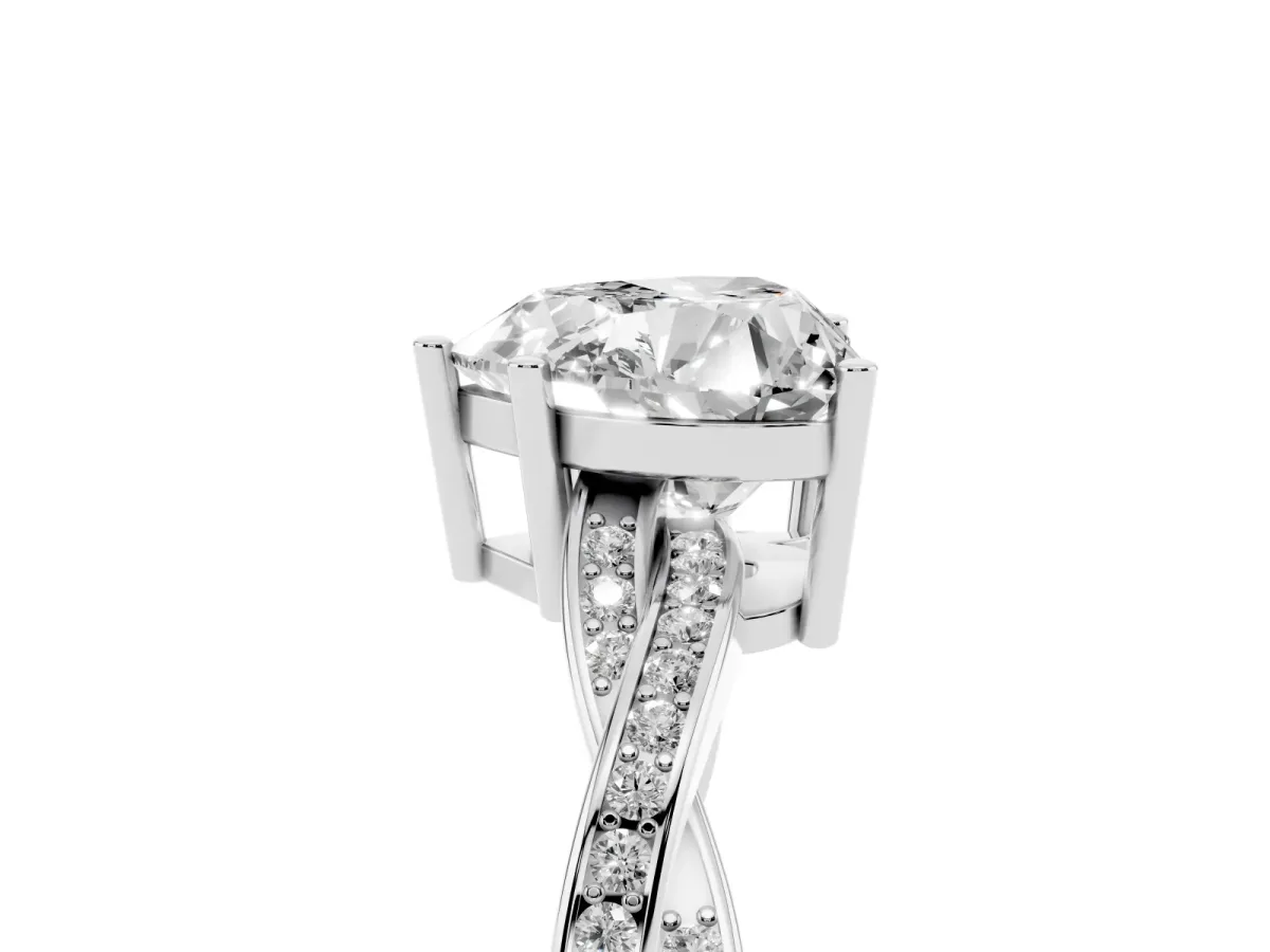 Heart Cut Solitaire Twisted Pave Diamond Ring with Four-Prong Setting Platinum