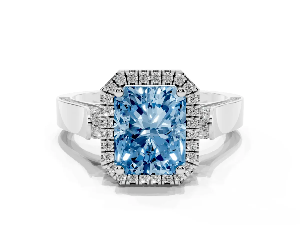 Fancy Blue Radiant Cut Halo Pave Split Shank Prong Setting Ring Silver