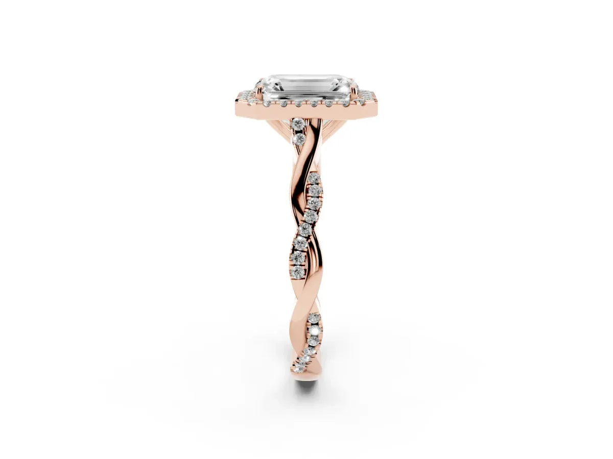 Emerald Cut Halo Twist Band Solitaire Ring Rose gold