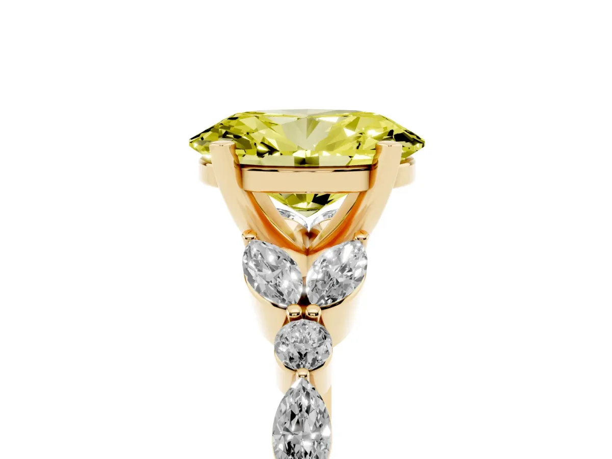 Fancy Yellow Oval Cut Diamond Solitaire Ring with Side Stones and Four-Prong Setting Yellow gold