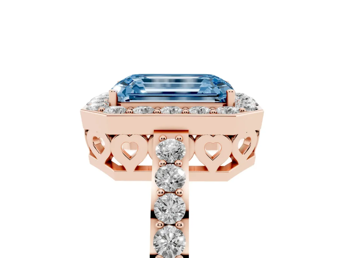 Fancy Blue Emerald Cut Halo Diamond Pavé Band Ring with Prong Setting Rose gold
