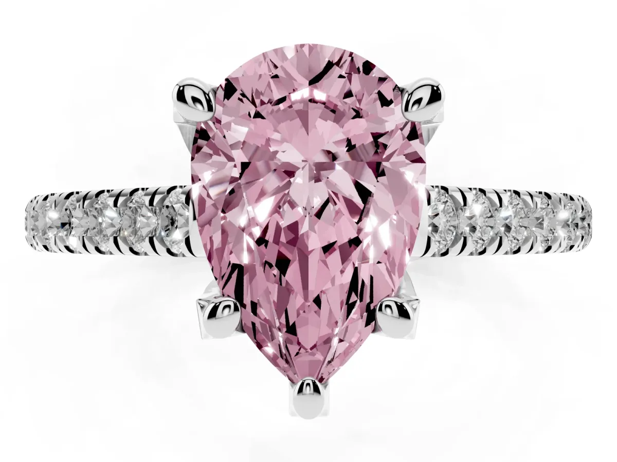 Fancy Pink Pear Cut Brilliant Diamond Solitaire with Pavé Band and Four-Prong Setting Silver