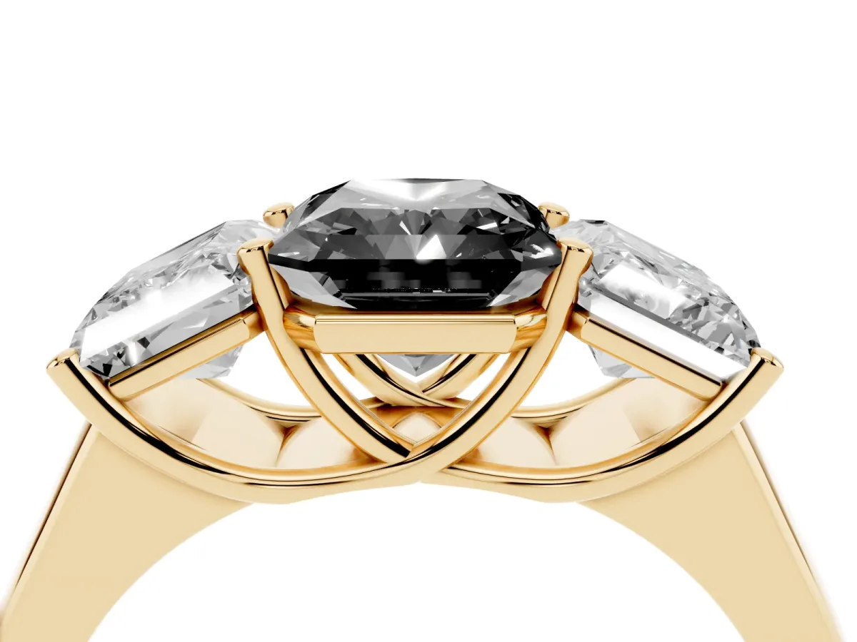 Fancy Black Radiant Cut Three-Stone Diamond Ring with Prong Setting on a Classic Band Yellow gold