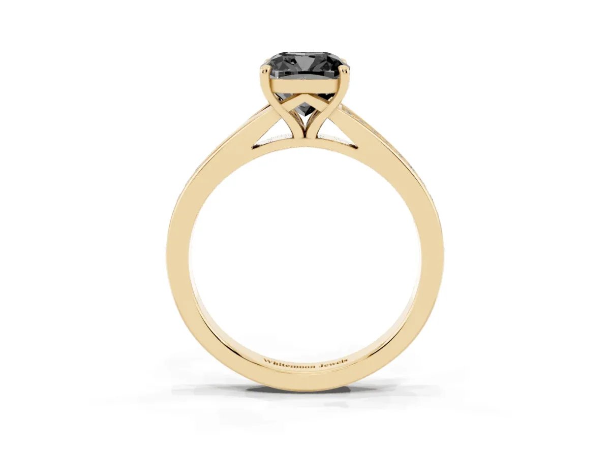 Fancy Black Cushion Cut Diamond Solitaire Ring with Pavé Band and Prong Setting Yellow gold