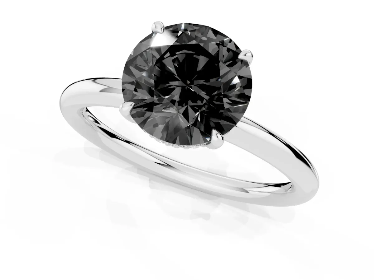Fancy Black Round Cut Diamond Solitaire Ring with Thin Band and Four-Prong Setting Platinum