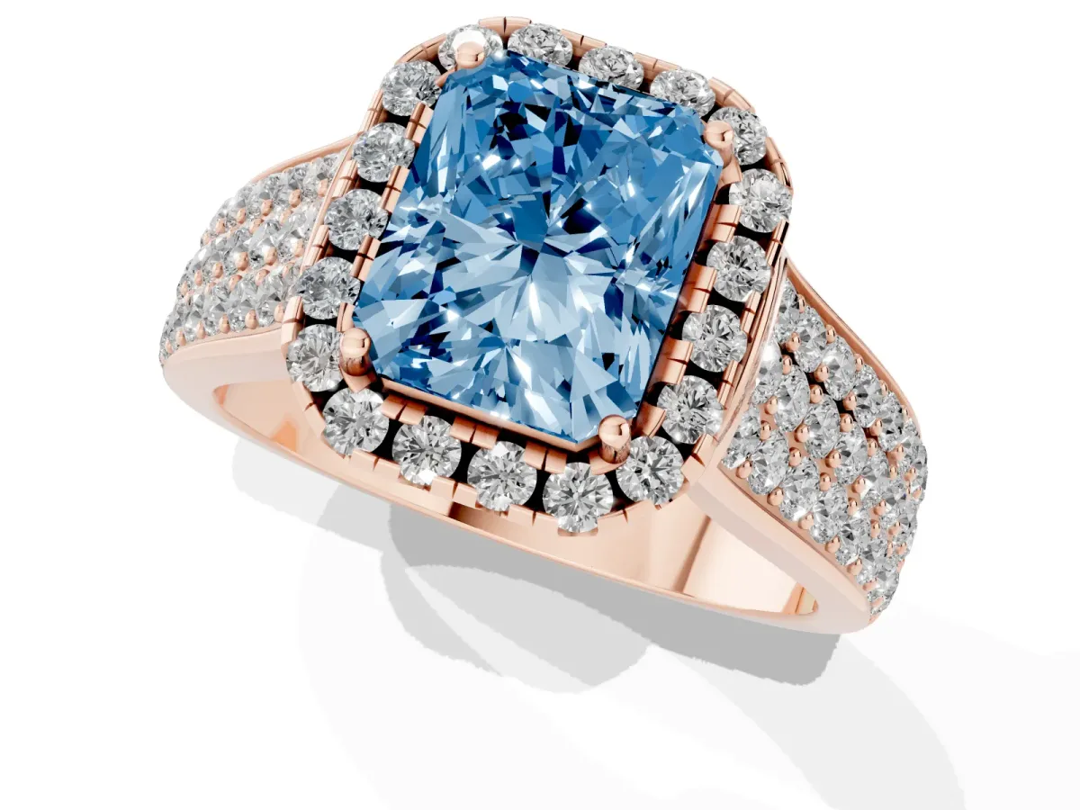 Fancy Blue Radiant Cut Halo Round Diamond Pave Band with Prong Setting Rose gold