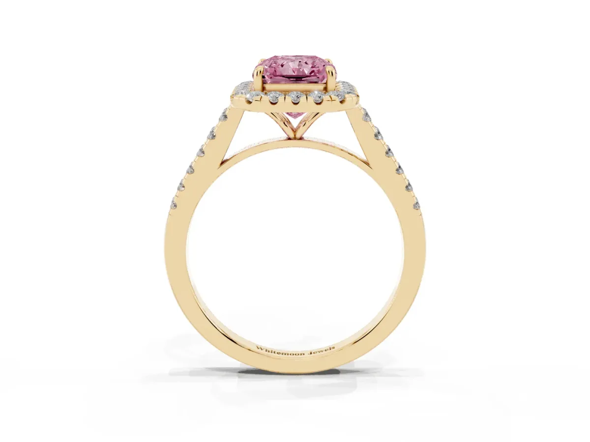 Fancy Pink Radiant Cut Halo Pave Diamond Engagement Ring with Four-Prong Setting Yellow gold