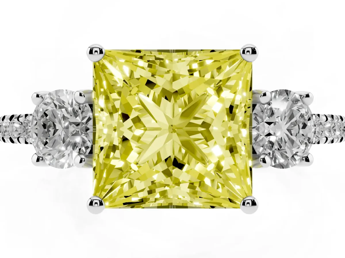 Fancy Yellow Three-Stone Princess Cut Cut Diamond Pavé Band with Prong Setting Silver