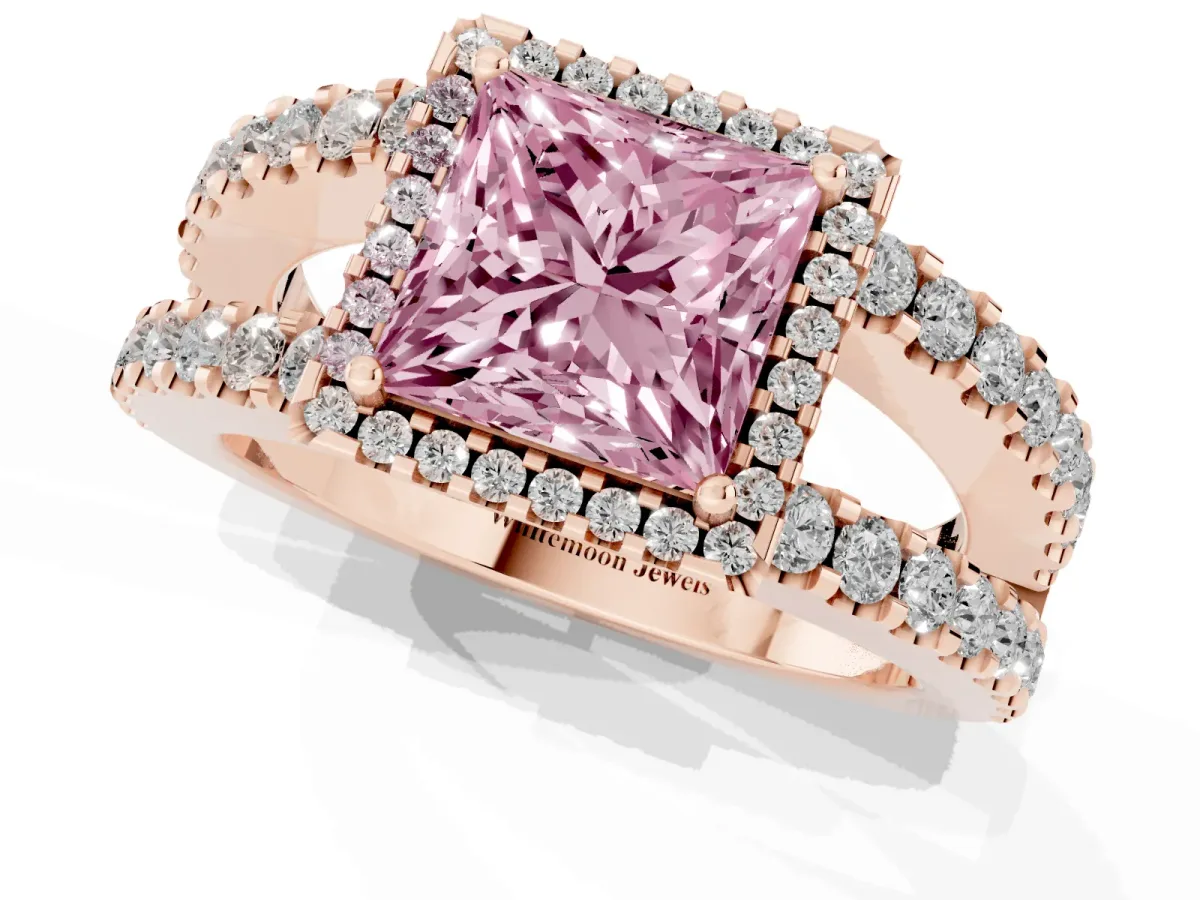 Fancy Pink Princess Cut Cut Halo Split Shank Diamond Ring with Four-Prong Setting Rose gold