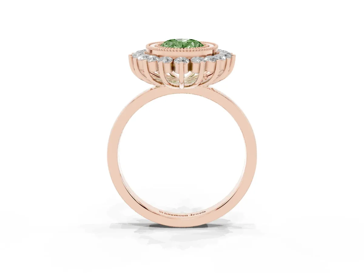 Fancy Green Oval Cut Halo Diamond Ring with Milgrain Edge and Round Prong Setting Rose gold