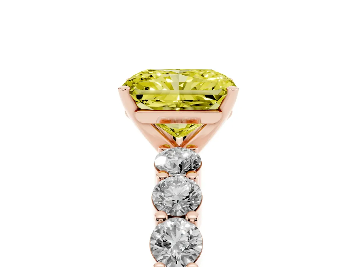 Fancy Yellow Radiant Cut Diamond Solitaire Ring with Shared Prong Round Side Stones Rose gold
