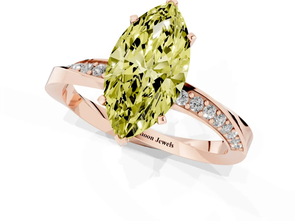 Fancy Yellow Marquise Cut Diamond Engagement Ring with Side Stone Accents and Four-Prong Setting Rose gold