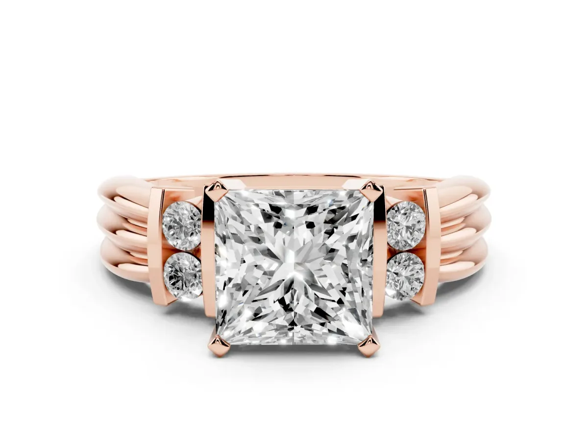 Princess Cut Cut Three-Stone Channel Set Ring with Bar Prongs Rose gold