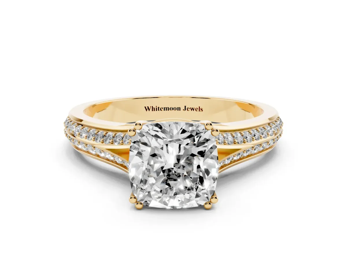 Cushion Cut Diamond Split Shank Engagement Ring with Pavé Band Yellow gold