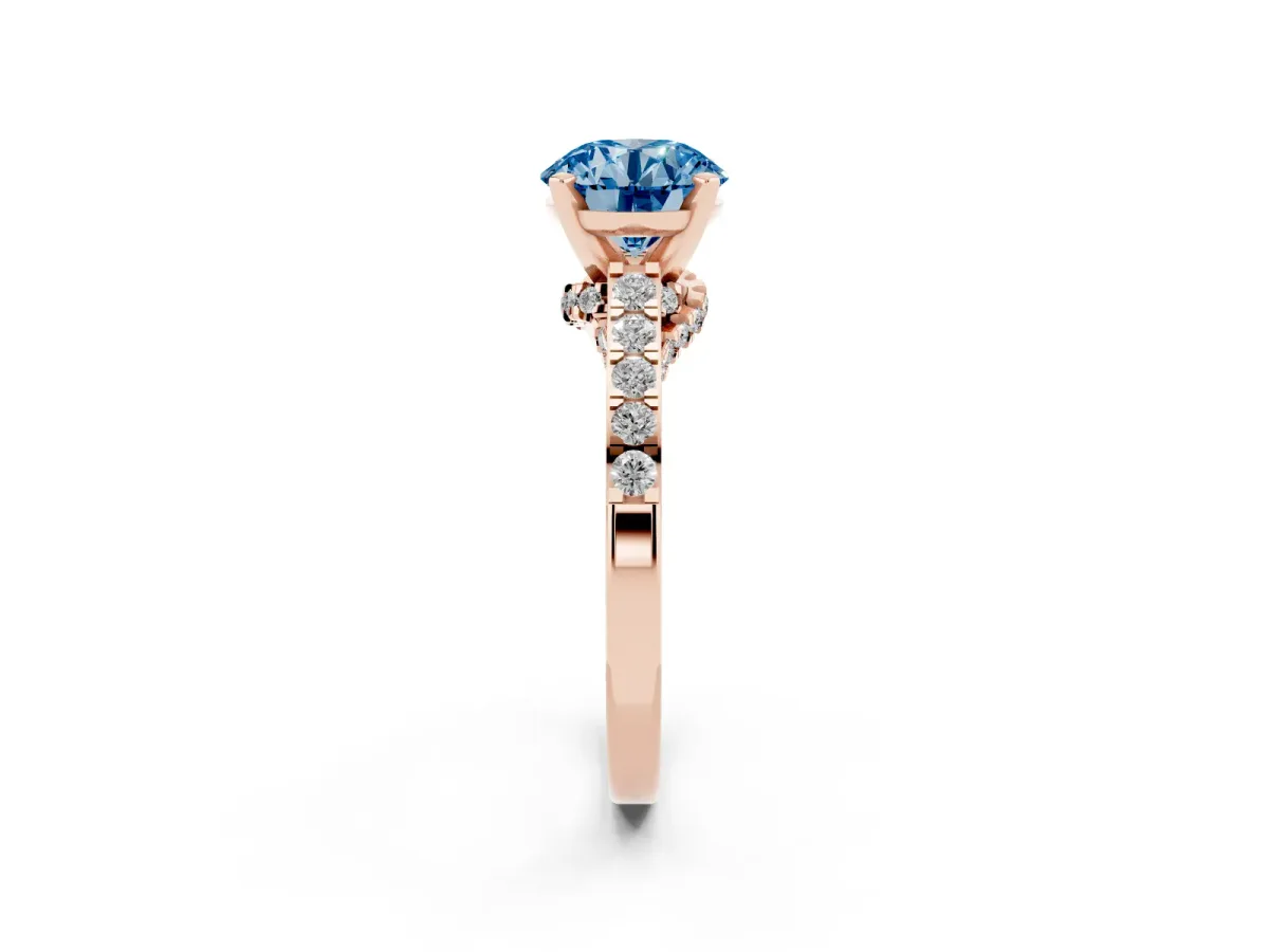 Fancy Blue Round Cut Diamond Solitaire Ring with Crossover Gallery and Round Pavé Band Rose gold