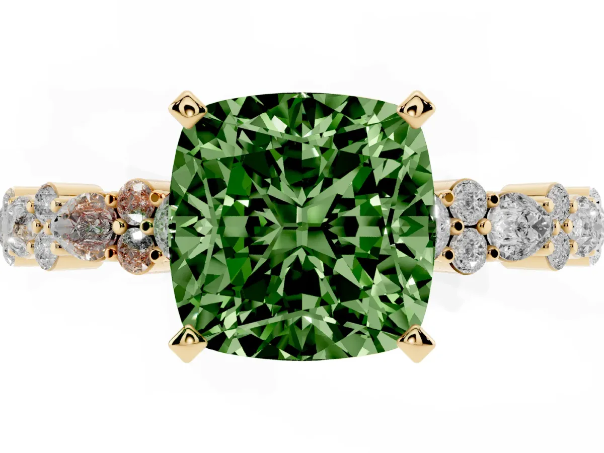 Fancy Green Cushion Cut Diamond Side Stone Solitaire Ring with Round and Four-Prong Setting Yellow gold