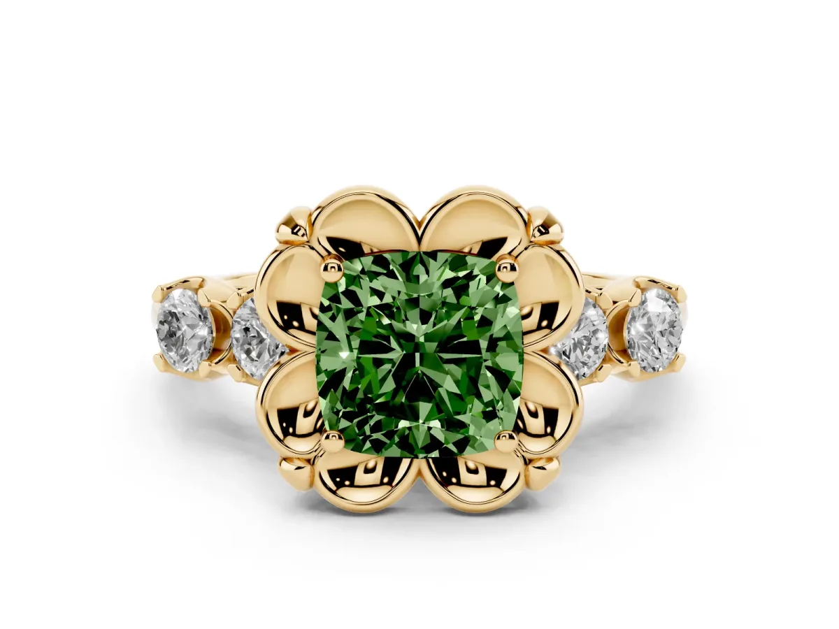 Fancy Green Cushion Cut Cut Diamond Floral Halo Engagement Ring with Shared Prong Setting Yellow gold