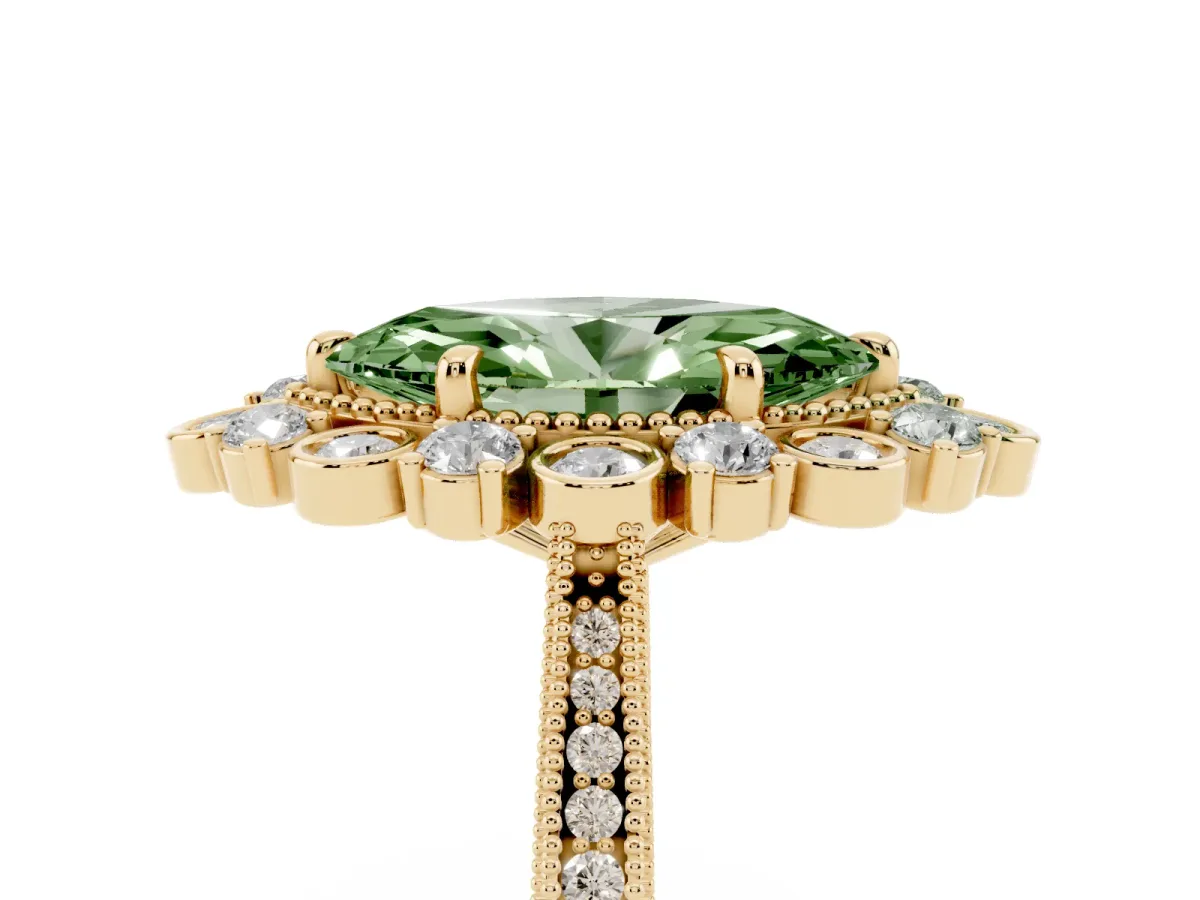 Fancy Green Marquise Cut Halo Milgrain Pave Diamond Ring with Four-Prong Setting Yellow gold