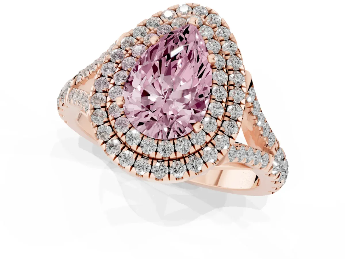 Fancy Pink Pear Cut Diamond Double Halo Ring with Split Shank and Prong Setting Rose gold