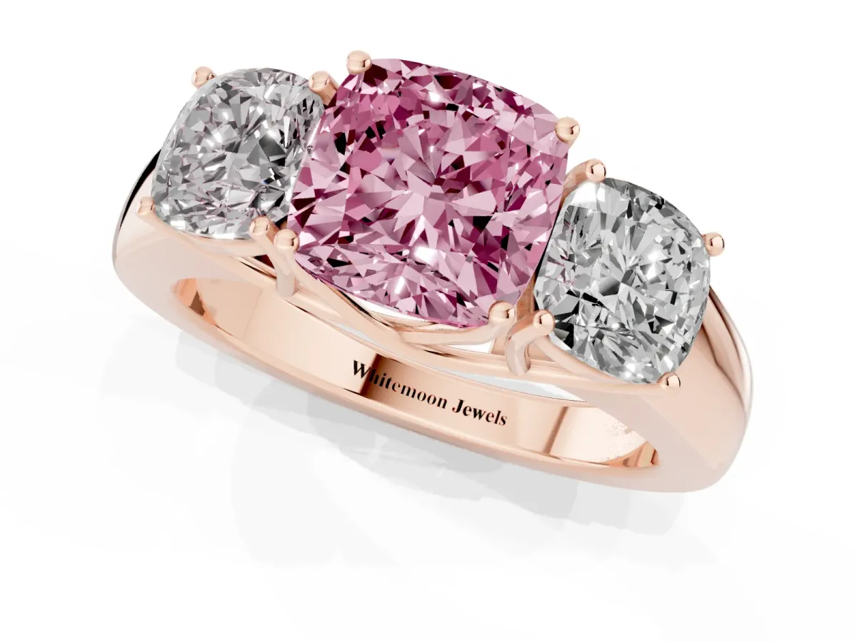 Fancy Pink Three-Stone Cushion Cut Cut Diamond Ring with Prong Setting and Classic Band Rose gold
