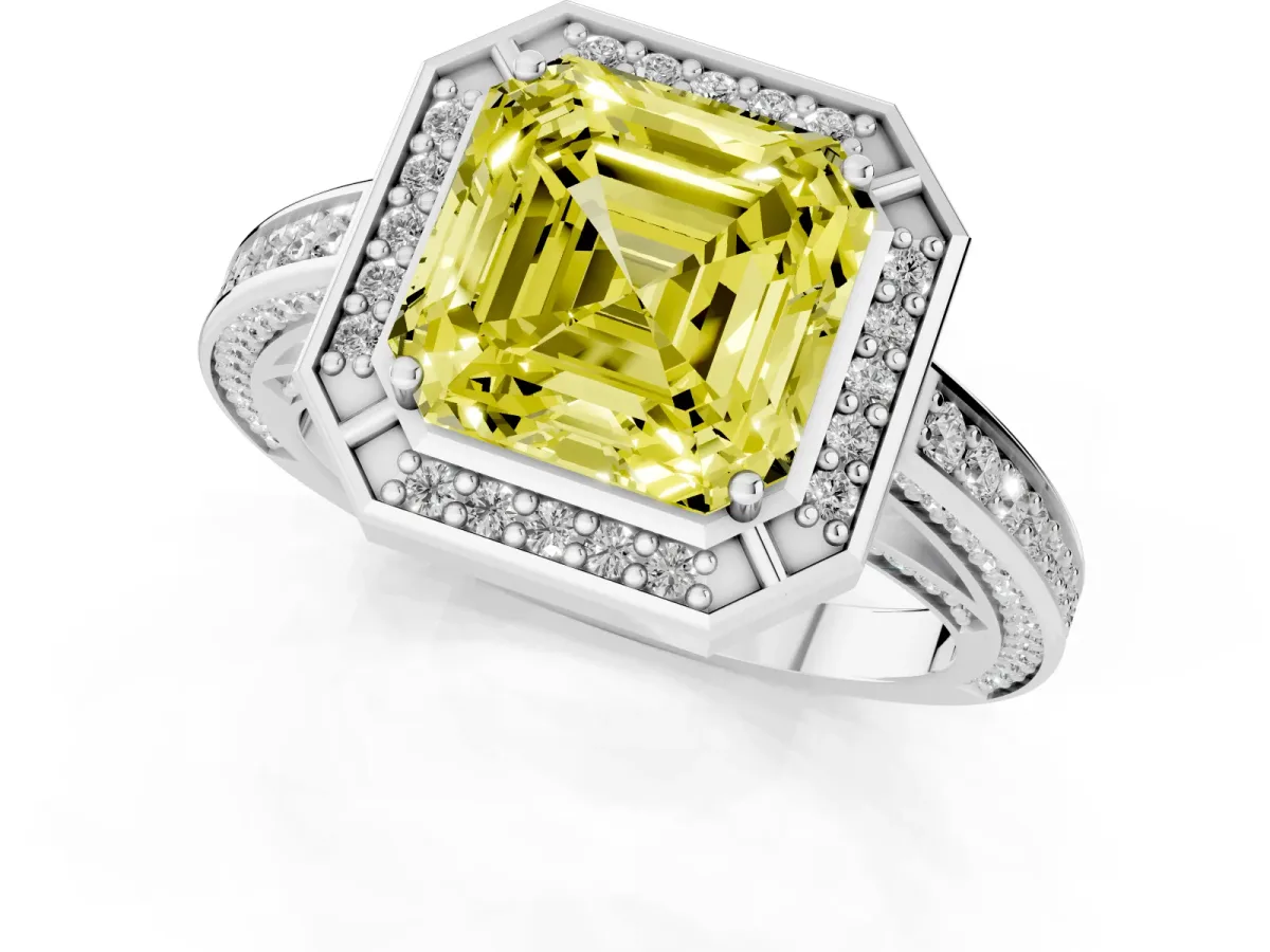 Fancy Yellow Asscher Cut Cut Halo Pave Split Shank Prong Setting Ring Silver