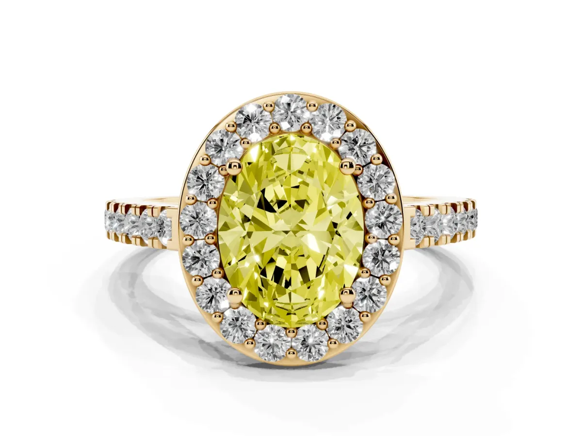 Fancy Yellow Oval Cut Diamond Halo Ring with Round Pavé Split Shank and Prong Setting Yellow gold